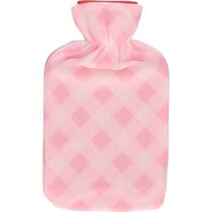 Water kruik met fleece hoes roze ruiten print 1,7 liter - 35 x 18 cm - Warmwaterkruiken - Warmtekruik - Bedkruik
