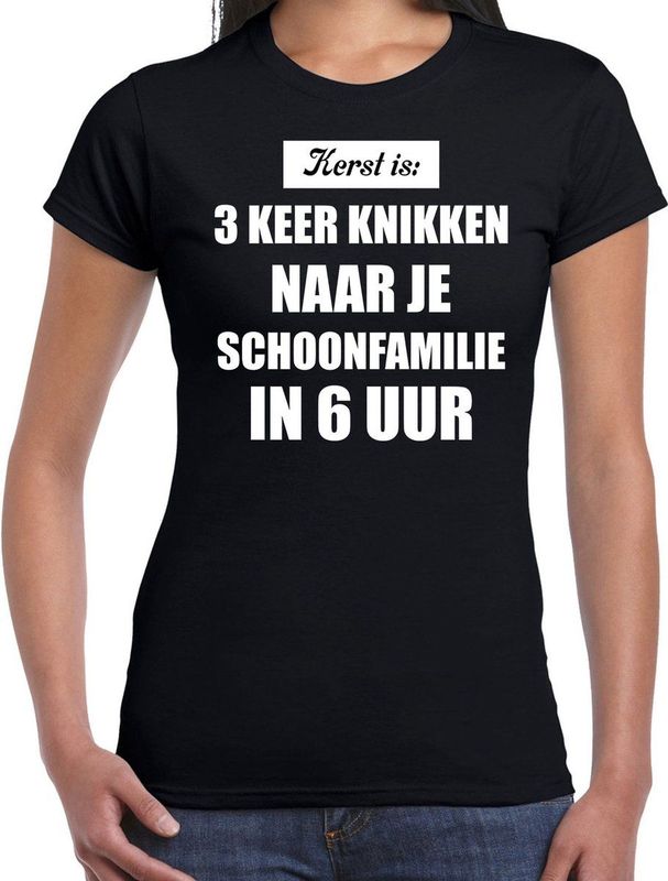 Zwart fout kerstshirt / t-shirt Kerst is 3 keer knikken naar schoonfamilie outfit dames