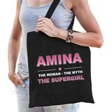 Naam cadeau Amina - The woman, The myth the supergirl katoenen tas - Boodschappentas verjaardag/ moeder/ collega/ vriendin