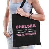 Naam cadeau Chelsea - The woman, The myth the supergirl katoenen tas - Boodschappentas verjaardag/ moeder/ collega/ vriendin