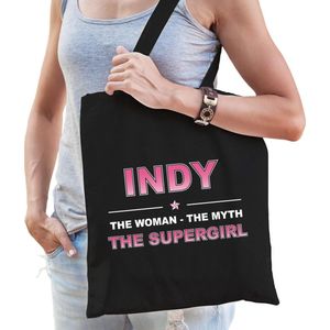 Naam cadeau Indy - The woman, The myth the supergirl katoenen tas - Boodschappentas verjaardag/ moeder/ collega/ vriendin