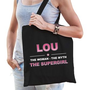 Naam cadeau Lou - The woman, The myth the supergirl katoenen tas - Boodschappentas verjaardag/ moeder/ collega/ vriendin