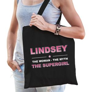 Naam cadeau Lindsey - The woman, The myth the supergirl katoenen tas - Boodschappentas verjaardag/ moeder/ collega/ vriendin