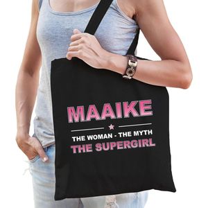 Naam cadeau Maaike - The woman, The myth the supergirl katoenen tas - Boodschappentas verjaardag/ moeder/ collega/ vriendin