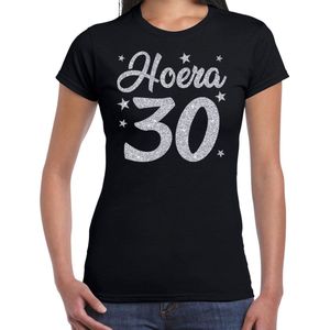 Hoera jaar verjaardag jubil cadeau t-shirt - zilver glitter op zwart - dames - cadeau shirt
