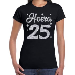 Hoera jaar verjaardag jubil cadeau t-shirt - zilver glitter op zwart - dames - cadeau shirt