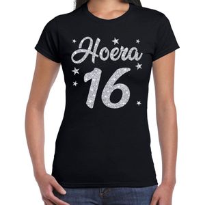 Hoera jaar verjaardag cadeau t-shirt - zilver glitter op zwart - dames - cadeau shirt