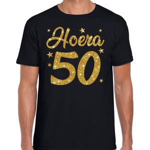 Hoera jaar verjaardag cadeau t-shirt - goud glitter op zwart - heren - Abraham cadeau shirt