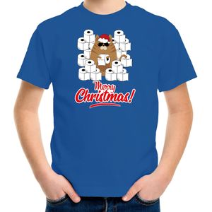 Fout Kerstshirt / Kerst t-shirt met hamsterende kat Merry Christmas blauw voor kinderen- Kerstkleding / Christmas outfit 164/176