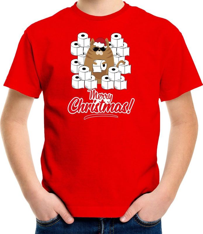Bellatio Decorations - Fout Kerst T-shirt - Rood - Merry Christmas - Voor Kinderen