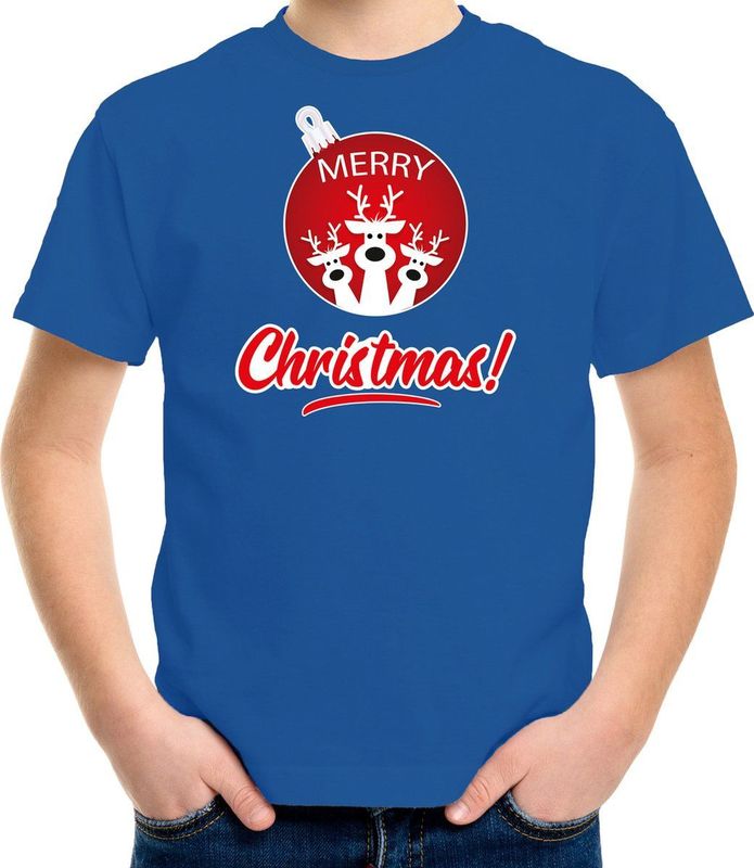 Bellatio Decorations - Merry Christmas - T-shirt - Blauw - 100% Katoen