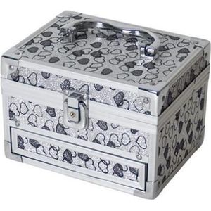 Beautycase met grijze hartjes en extra vakjes 18 x 14 x 18 cm - Make up koffers - Sieradenkist/juwelenkist