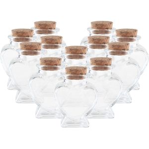 24x Mini glazen hartjes flesjes/potjes 4 x 4 x 6 met kurk dop - Decoratieve fles