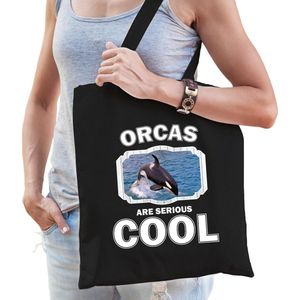 Dieren grote orka  katoenen tasje volw + kind zwart - orcas are cool boodschappentas/ gymtas / sporttas - cadeau orka walvissen fan