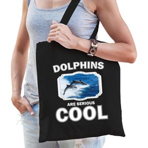 Dieren dolfijn groep  katoenen tasje volw + kind zwart - dolphins are cool boodschappentas/ gymtas / sporttas - cadeau dolfijnen fan
