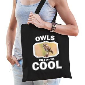 Dieren steenuil  katoenen tasje volw + kind zwart - owls are cool boodschappentas/ gymtas / sporttas - cadeau uilen fan