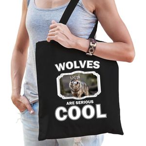 Dieren wolf  katoenen tasje volw + kind zwart - wolfs are cool boodschappentas/ gymtas / sporttas - cadeau wolven fan