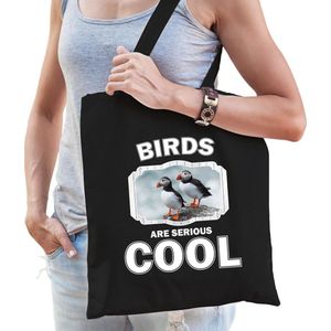 Dieren papegaaiduiker vogel  katoenen tasje volw + kind zwart - birds are cool boodschappentas/ gymtas / sporttas - cadeau vogels fan