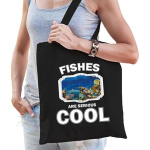 Dieren vis  katoenen tasje volw + kind zwart - fishes are cool boodschappentas/ gymtas / sporttas - cadeau vissen fan
