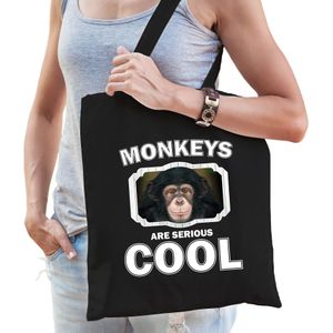 Dieren leuke chimpansee  katoenen tasje volw + kind zwart - monkeys are cool boodschappentas/ gymtas / sporttas - cadeau apen fan