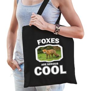 Dieren bruine vos  katoenen tasje volw + kind zwart - foxes are cool boodschappentas/ gymtas / sporttas - cadeau vossen fan