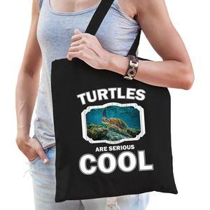 Dieren zee schildpad  katoenen tasje volw + kind zwart - turtles are cool boodschappentas/ gymtas / sporttas - cadeau schildpadden fan