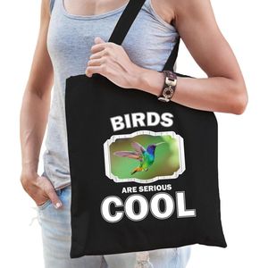 Dieren kolibrie vogel vliegend  katoenen tasje volw + kind zwart - birds are cool boodschappentas/ gymtas / sporttas - cadeau vogels fan