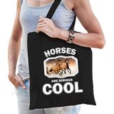 Dieren bruin paard  katoenen tasje volw + kind zwart - horses are cool boodschappentas/ gymtas / sporttas - cadeau paarden fan