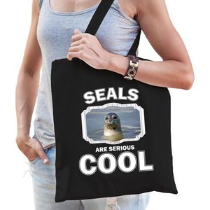 Dieren grijze zeehond  katoenen tasje volw + kind zwart - seals are cool boodschappentas/ gymtas / sporttas - cadeau zeehonden fan