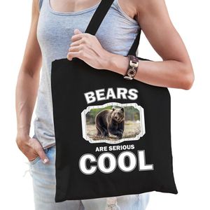 Dieren bruine beer  katoenen tasje volw + kind zwart - bears are cool boodschappentas/ gymtas / sporttas - cadeau beren fan