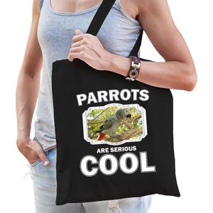 Dieren grijze roodstaart papegaai  katoenen tasje volw + kind zwart - parrots are cool boodschappentas/ gymtas / sporttas - cadeau papegaaien fan