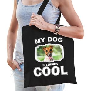 Jack russel honden tasje zwart volwassenen en kinderen - my dog serious is cool kado boodschappentas - Feest Boodschappentassen