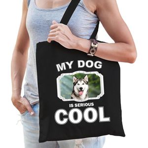 Dieren Siberische huskys tasje katoen volw + kind zwart - my dog is serious cool kado boodschappentas/ gymtas / sporttas - honden / hond