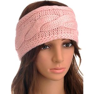 Gebreide winter hoofdband met kabelpatroon - lichtroze - one size - voor dames - Hoofdband