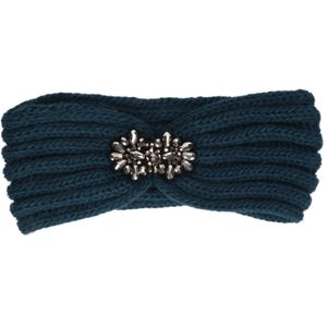 Gebreide winter hoofdband petrol blauw met bloem voor dames - Winter kleding accessoires