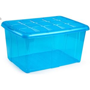 1x Opslagbakken/organizers met deksel 60 liter 63 x 46 x 32 transparant blauw - Organizers/opbergbakken