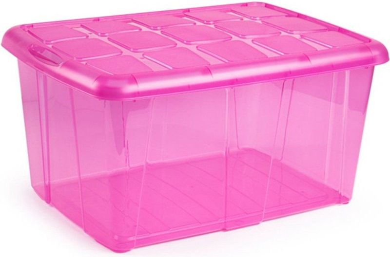 Plasticforte opslagbak organizers met deksel - transparant/roze - 60 liter - kunststof