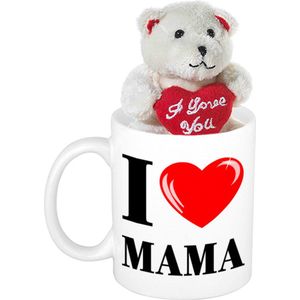Moeder cadeau I Love Mama beker / mok 300 ml met beige knuffelbeertje met love hartje - Moederdag cadeautje