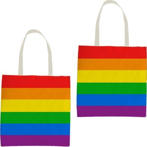 2x Polyester boodschappentasje/shopper regenboog/rainbow/pride vlag voor volwassenen en kids