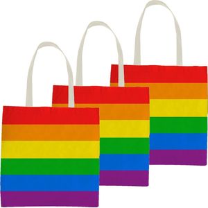 4x Polyester boodschappentasje/shopper regenboog/rainbow/pride vlag voor volwassenen en kids - Festival/pride musthaves