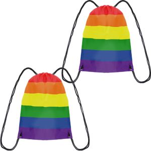2x Gymtasje/rugtas rijgkoord regenboog/rainbow/pride vlag voor volwassenen en kids - Boodschappentassen