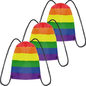 3x Gymtasje/rugtas rijgkoord regenboog/rainbow/pride vlag voor volwassenen en kids