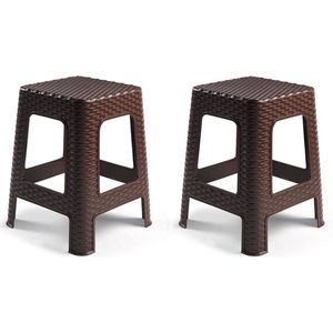 Plasticforte Rotan opstapje/zit krukje - 2x stuks - kunststof - bruin - 36 x 36 x 45 cm - Keuken/badkamer - handige krukjes