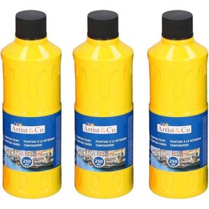 3x Hobby/knutsel acrylverf / temperaverf - Geel - Fles 250 ml - Gele tempera / acryl verf - Hobby/knutselmateriaal - Schilderij maken - Verf op waterbasis