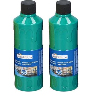 2x Hobby/knutsel acrylverf / temperaverf - Groen - Fles 250 ml - Groene tempera / acryl verf - Hobby/knutselmateriaal - Schilderij maken - Verf op waterbasis