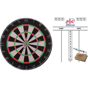 Dartbord 45 cm met 6 dartpijlen met PDC scorebord met marker en wisser 45x30 cm