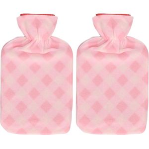 Set van 2x stuks water kruik met fleece hoes roze ruiten print 1,7 liter - Kruiken