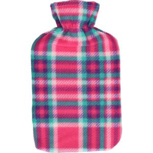 Set van 2x stuks water kruik met fleece hoes roze Schotse ruit print 1,7 liter - 35 x 18 cm - Warmwaterkruiken - Warmtekruik