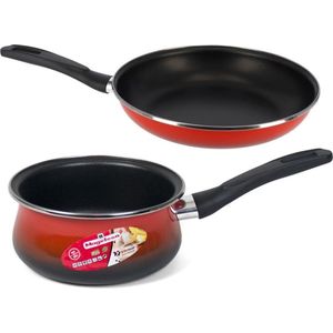 Pannen set van 2x stuks rood Merida - Saus/jus pannetje 16 cm - Koekenpan/hapjespan 30 cm
