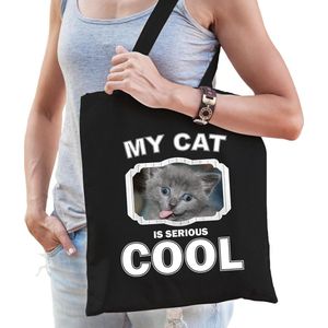 Grijze kat katten tasje zwart volwassenen en kinderen - my cat serious is cool kado boodschappentasj - Feest Boodschappentassen